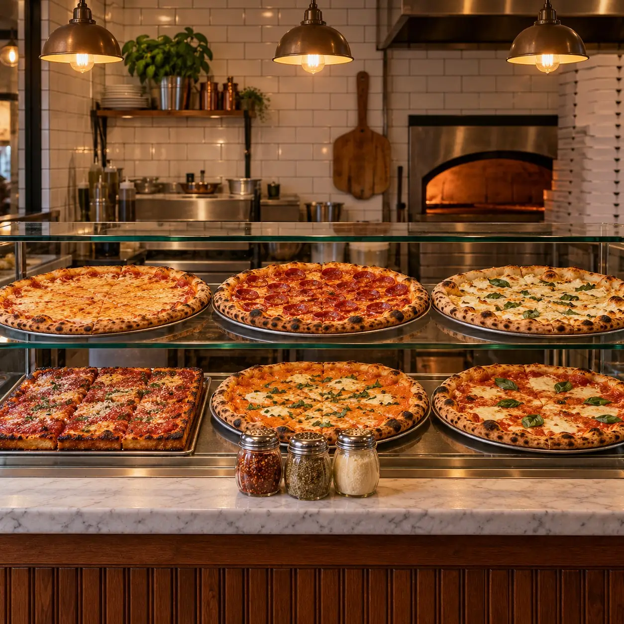 The slice counter with pies on display under warm lights