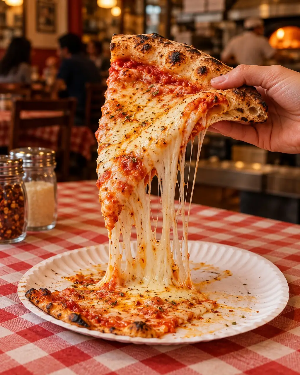 A folded New York slice with a long cheese pull