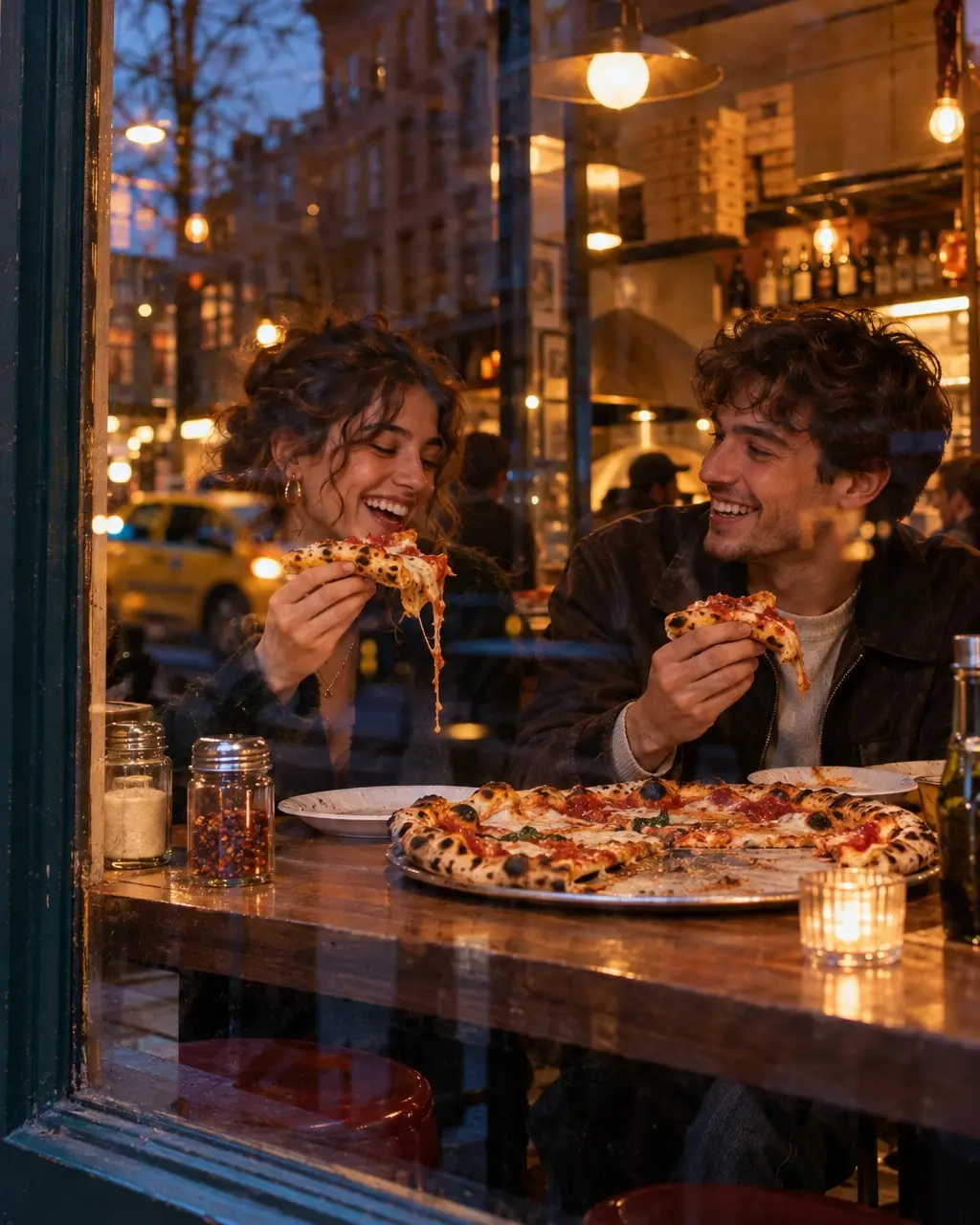 Friends eating slices at the front window counter at dusk