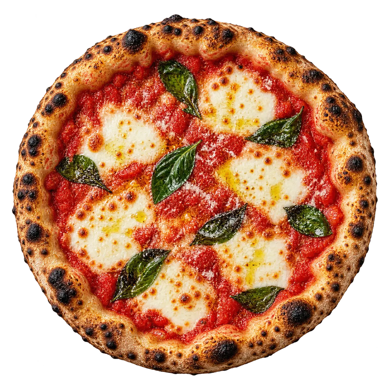 A whole Vero margherita pie, blistered crust, pools of fresh mozzarella and basil, seen from above