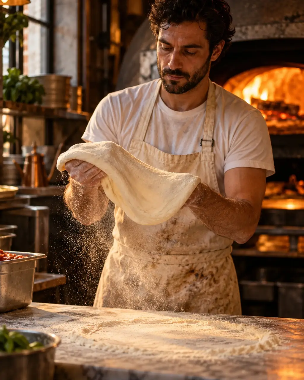 Our pizzaiolo stretching dough by hand on a floured marble counter, deck oven glowing behind