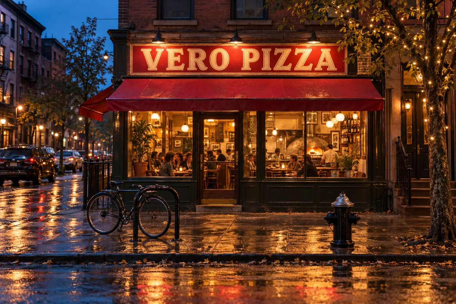 The Vero Pizza storefront at dusk, red awning and glowing neon sign